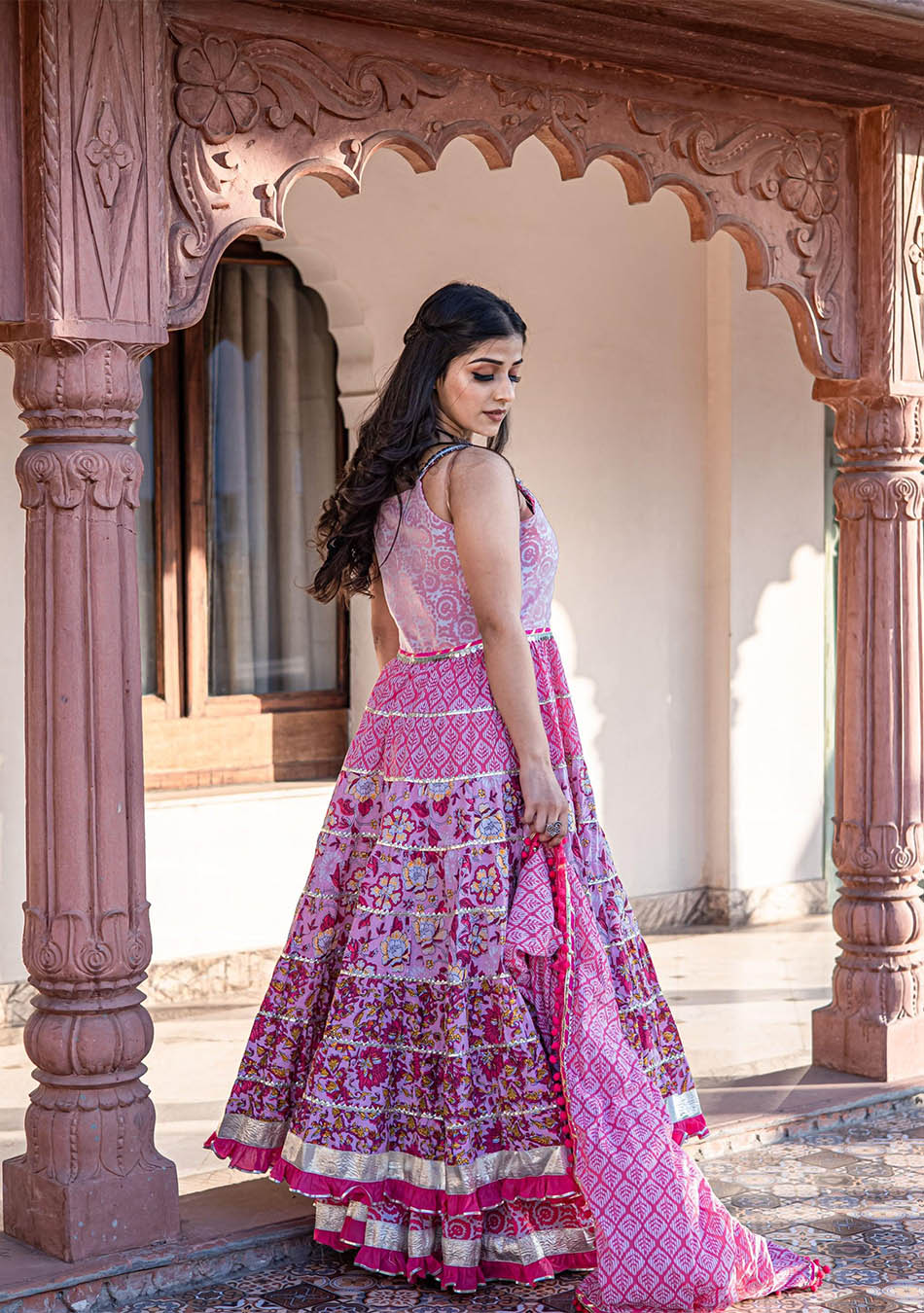 Pink Cotton Sleeve less Anarkali Sharara Set With Dupatta - Image 6