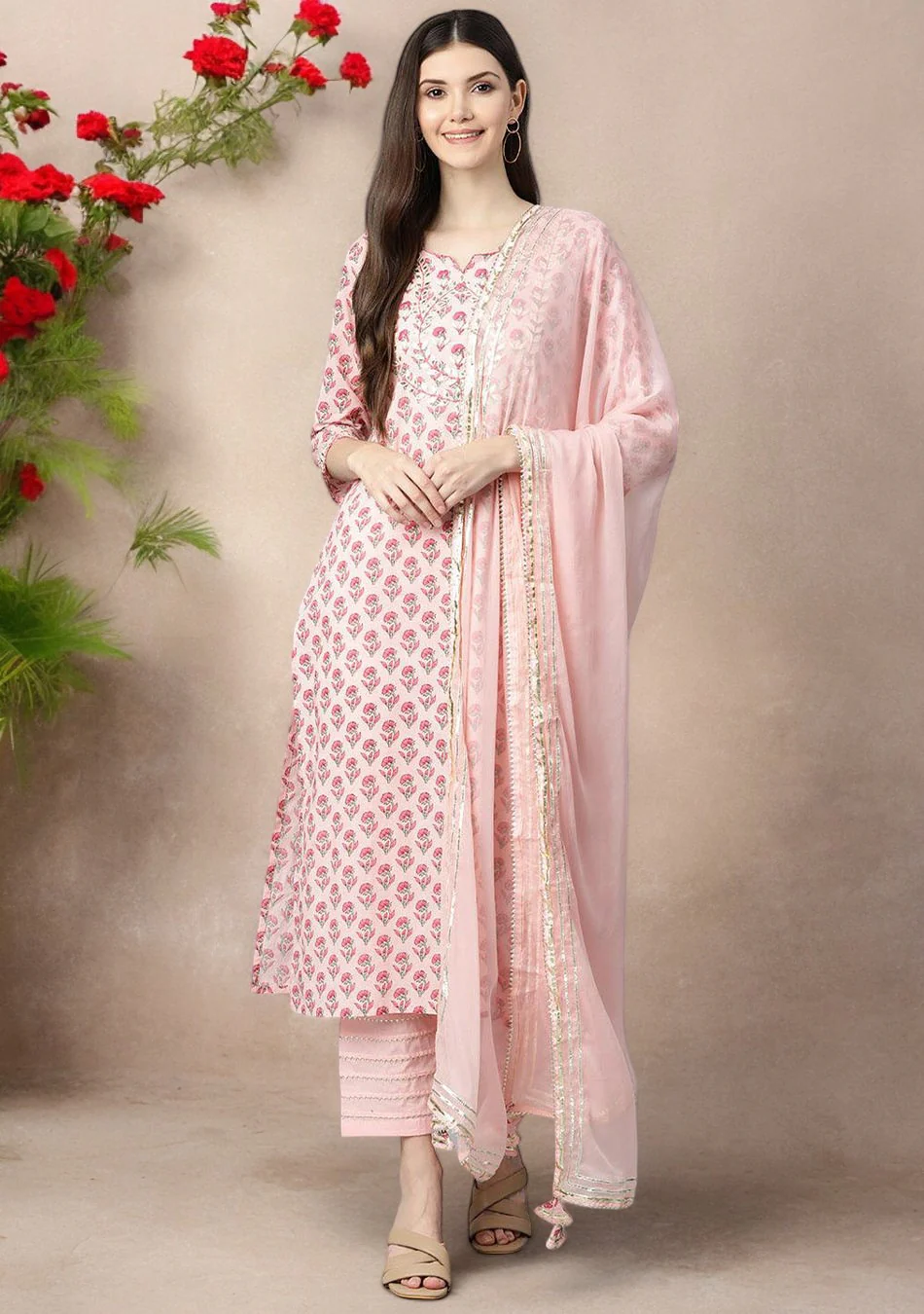 Pink Cotton Straight Kurta Pant Set With Dupatta - Image 2