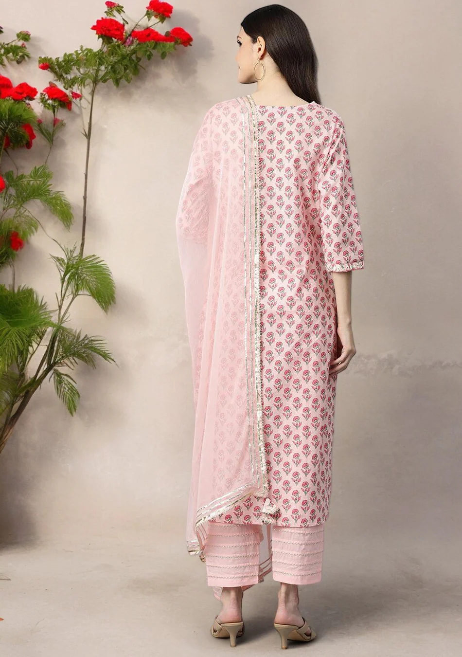 Pink Cotton Straight Kurta Pant Set With Dupatta - Image 3