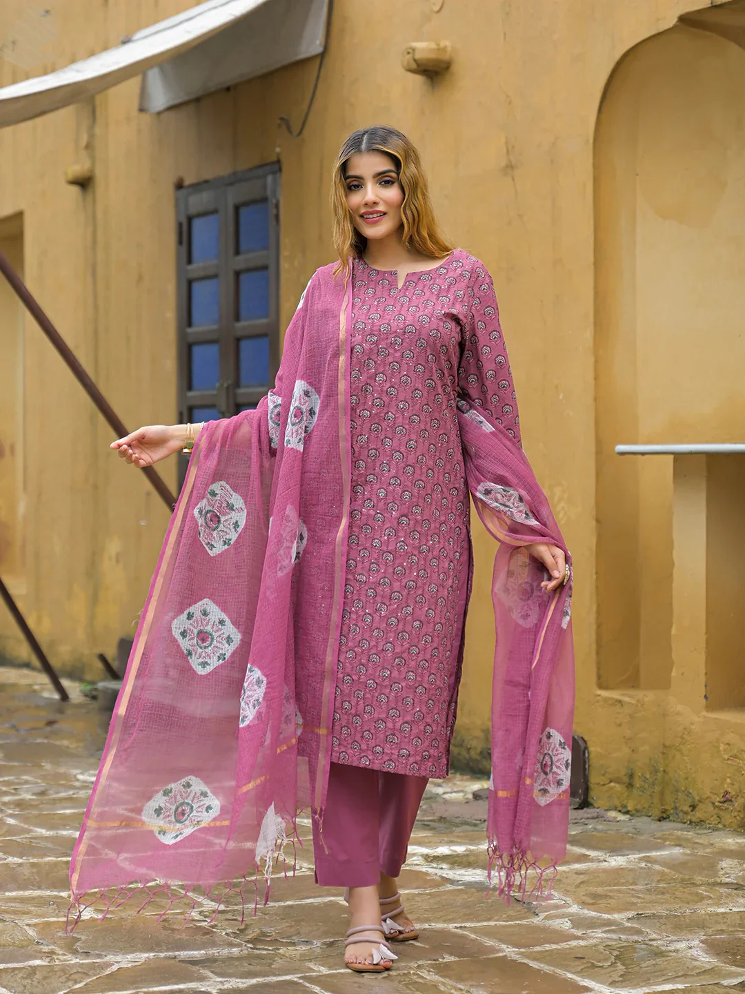 Pink Embroidered Cotton Straight Kurta Pant Set With Dupatta - Image 2