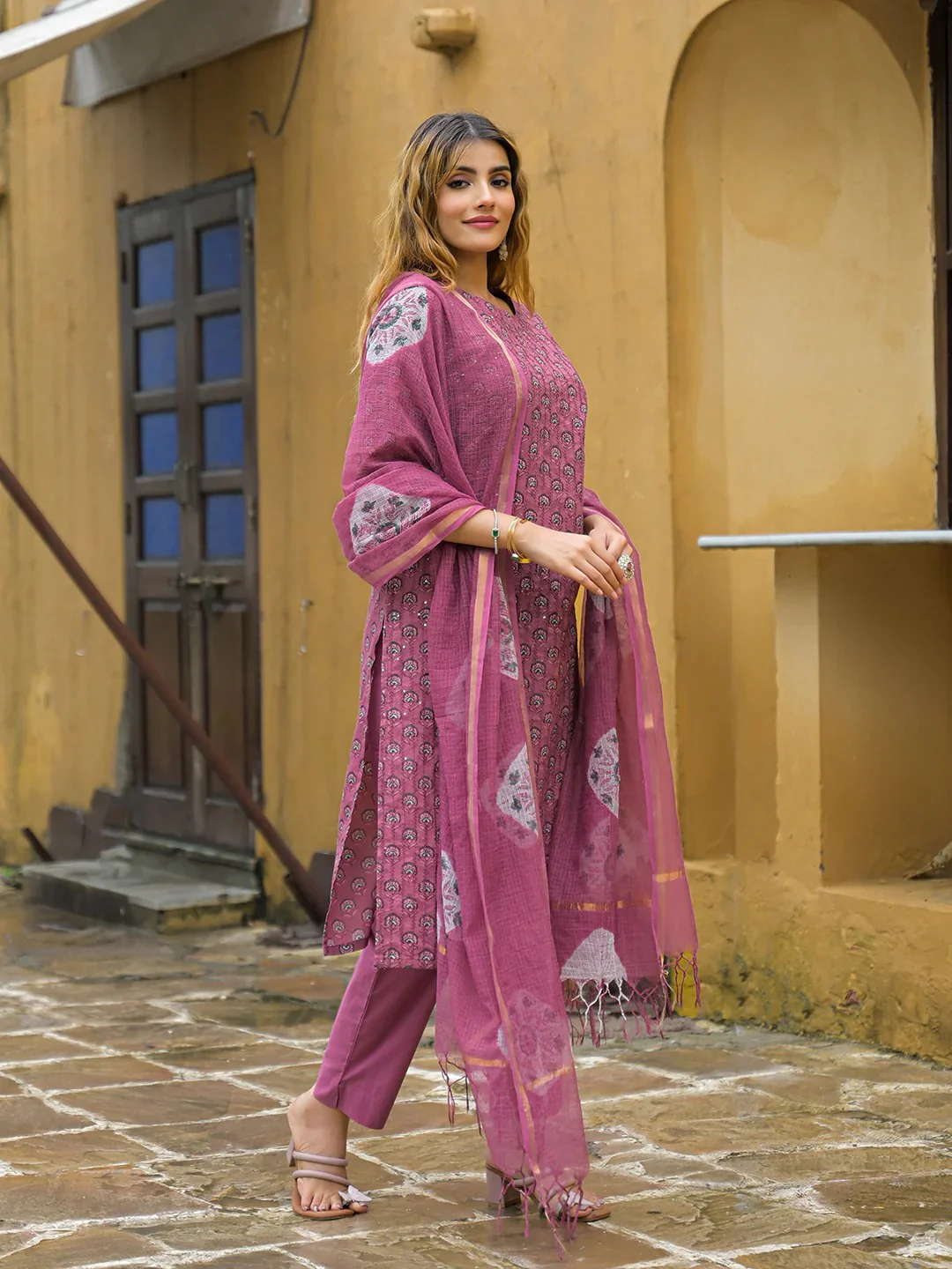 Pink Embroidered Cotton Straight Kurta Pant Set With Dupatta - Image 3
