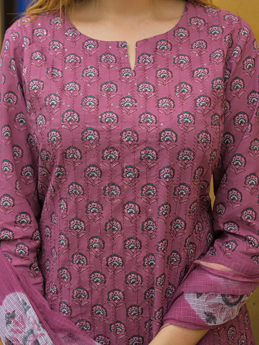 Pink Embroidered Cotton Straight Kurta Pant Set With Dupatta - Image 4