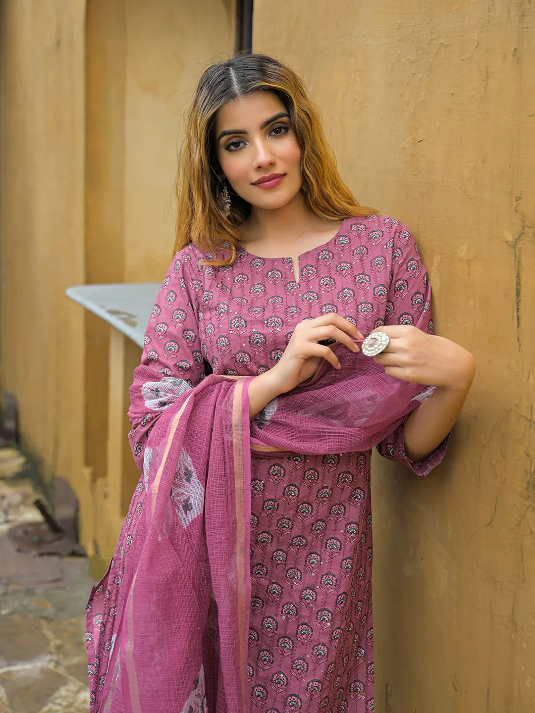 Pink Embroidered Cotton Straight Kurta Pant Set With Dupatta - Image 5