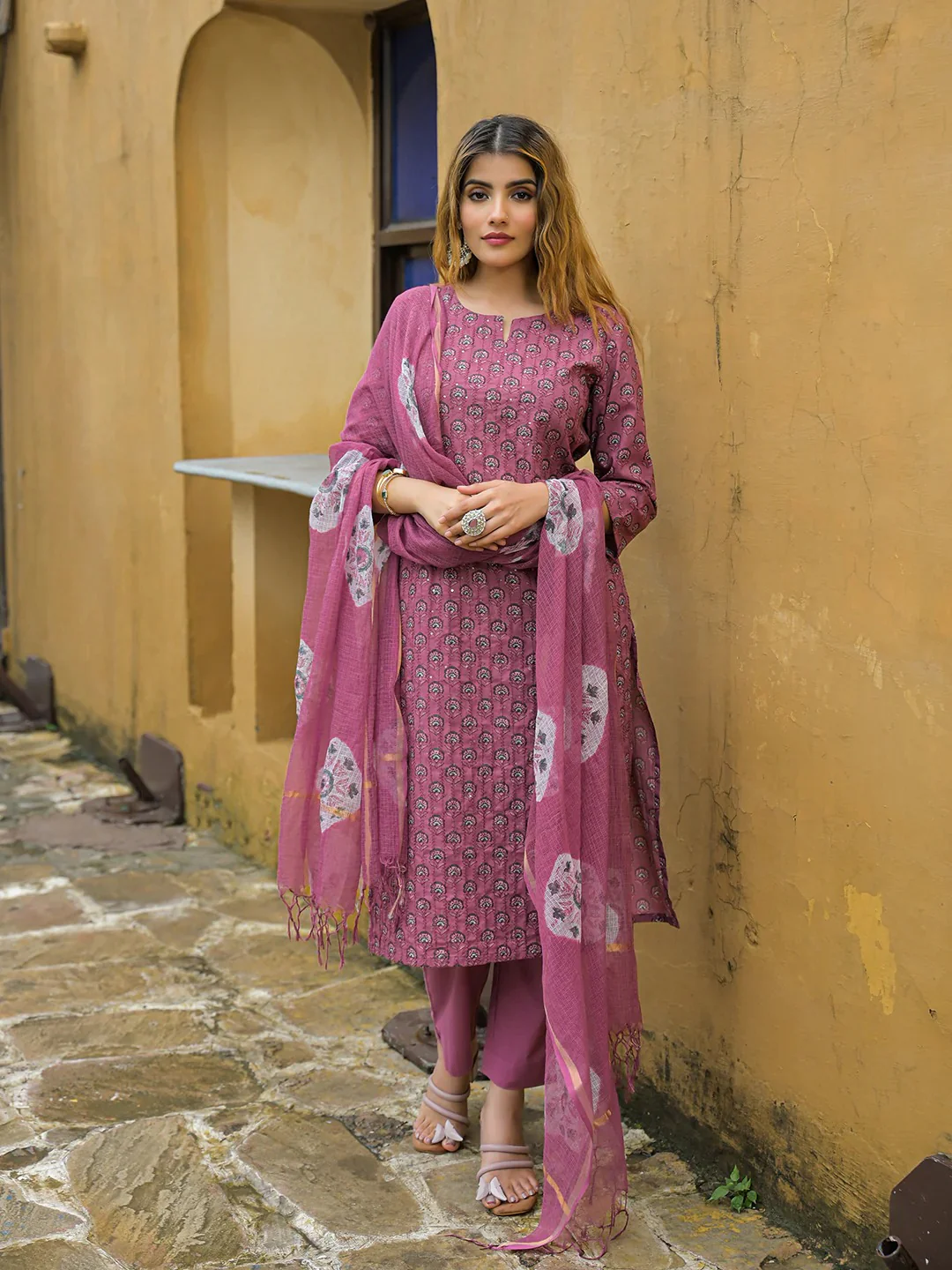 Pink Embroidered Cotton Straight Kurta Pant Set With Dupatta - Image 7