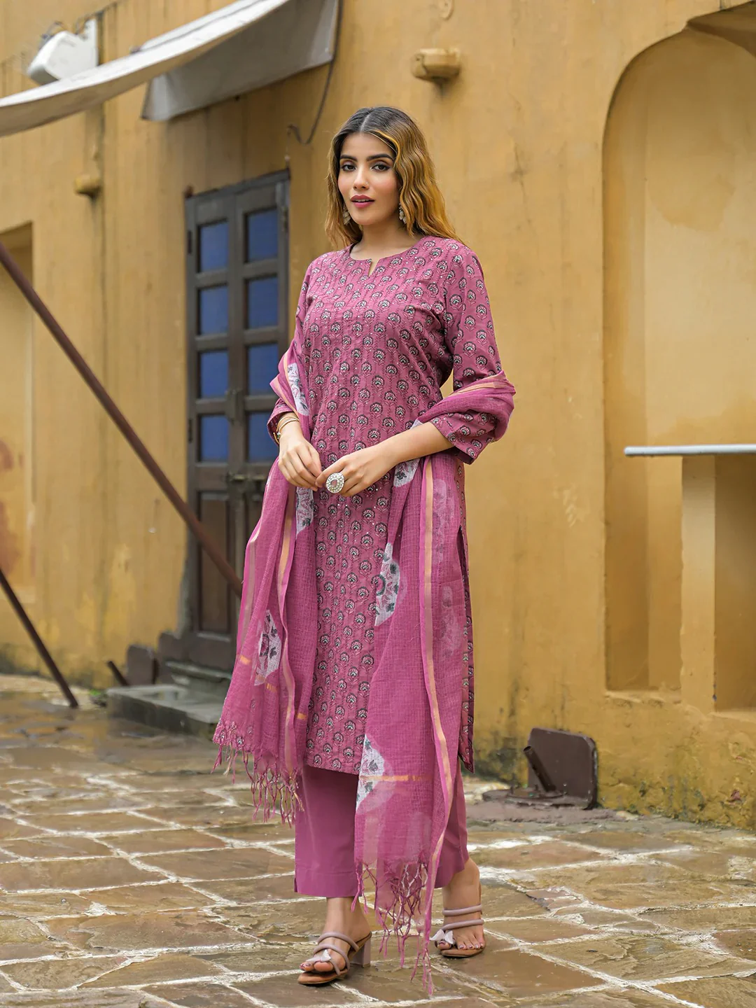 Pink Embroidered Cotton Straight Kurta Pant Set With Dupatta - Image 8