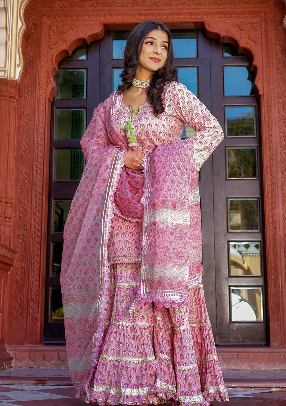 Pink Floral Hand Block Printed Kurta Sharara Set with Dupatta - Image 4