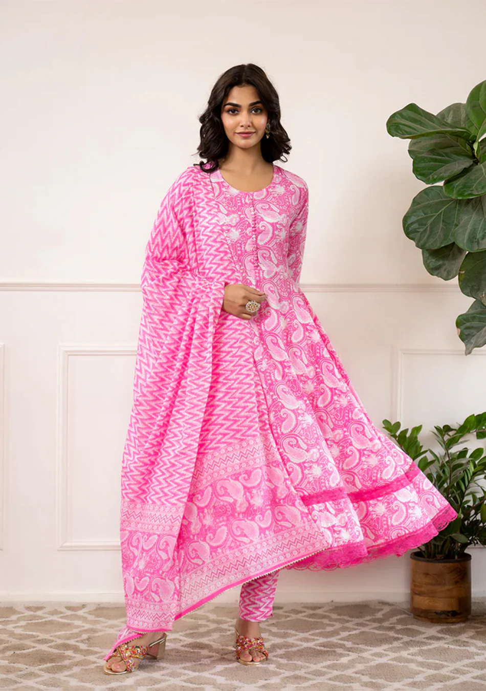 Pink Floral Print Cotton Anarkali Kurta Trouser with Dupatta Set