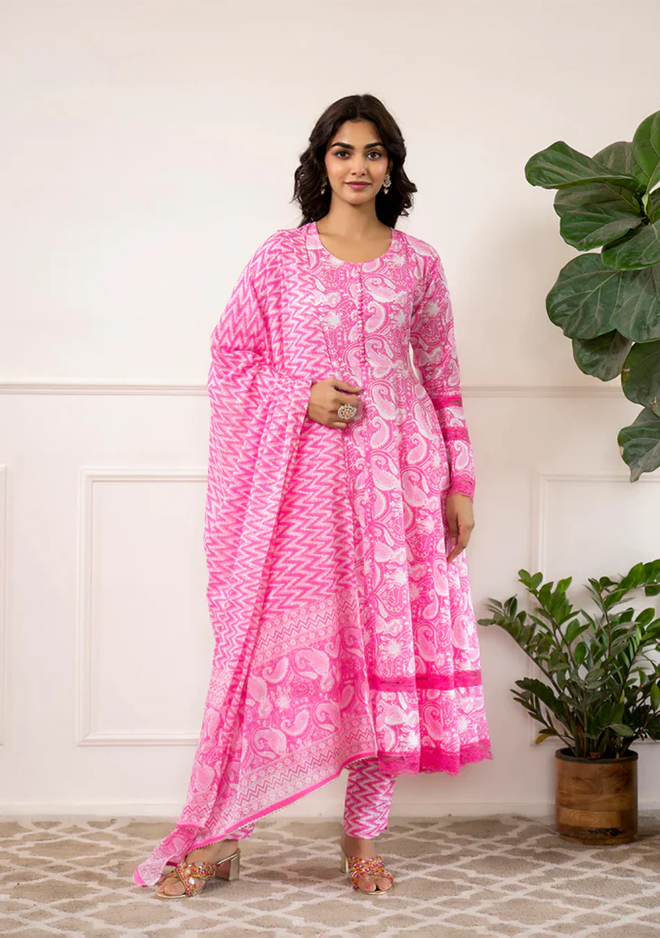 Pink Floral Print Cotton Anarkali Kurta Trouser with Dupatta Set - Image 2