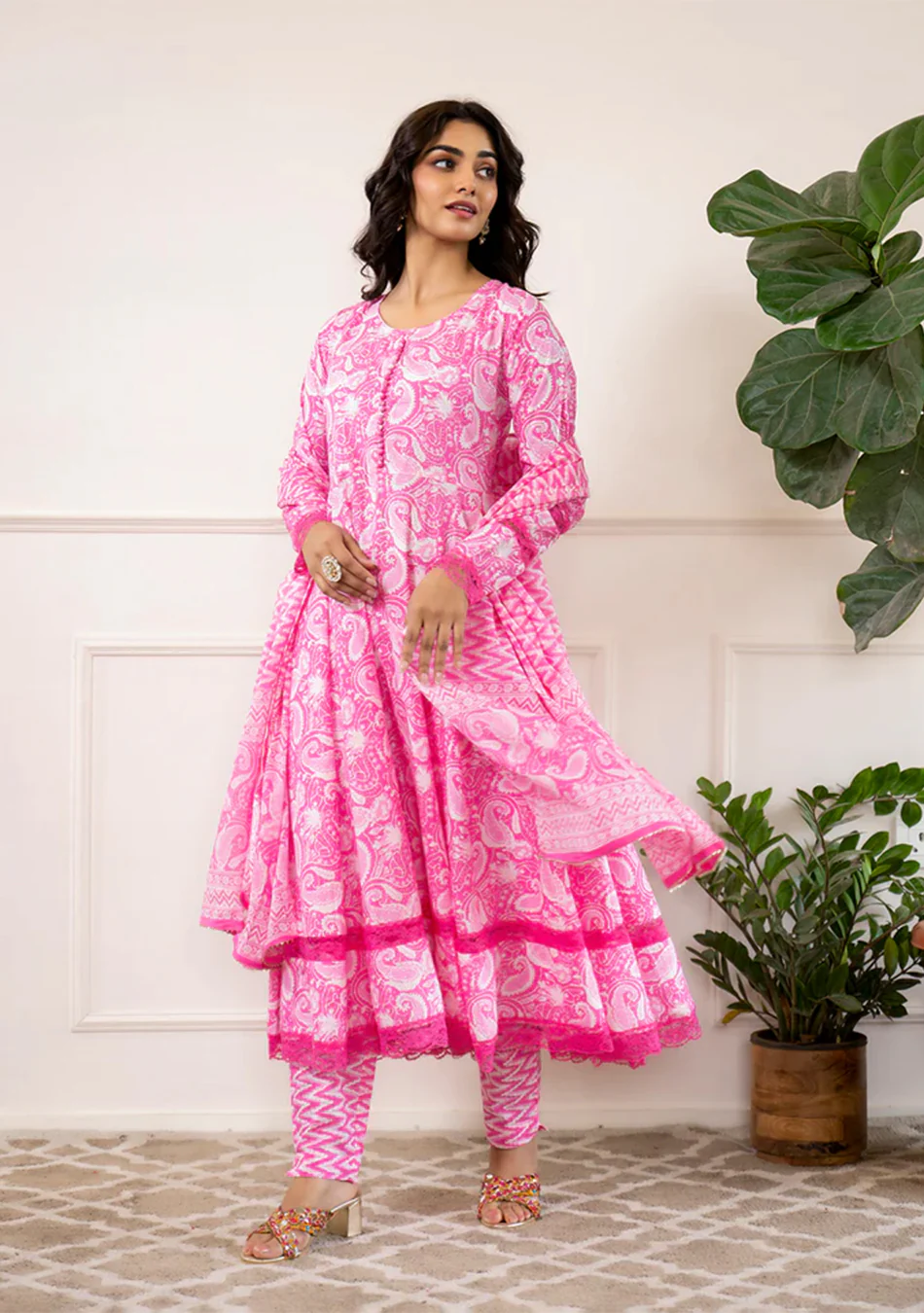 Pink Floral Print Cotton Anarkali Kurta Trouser with Dupatta Set - Image 3