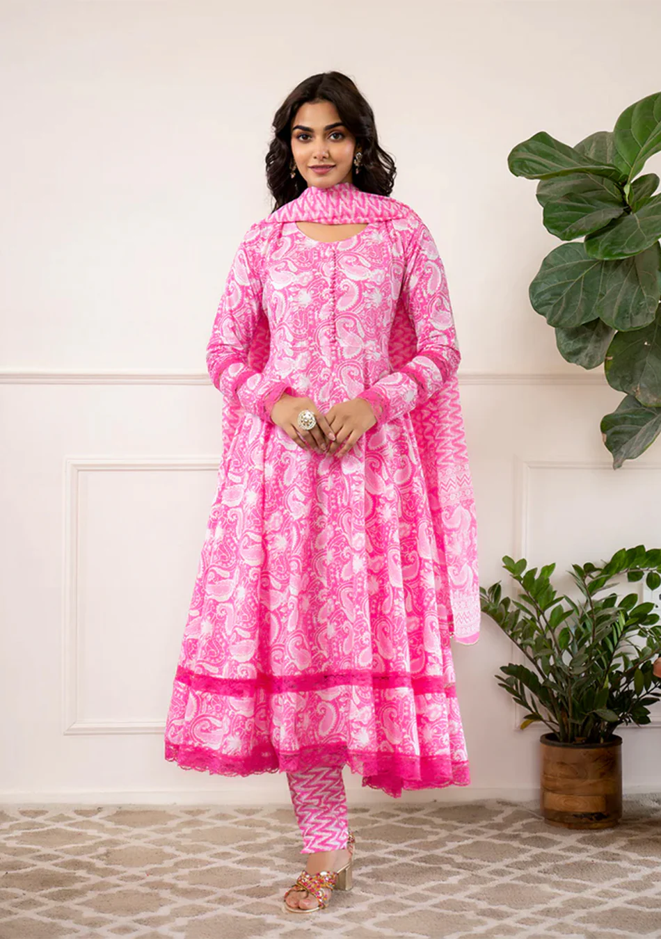 Pink Floral Print Cotton Anarkali Kurta Trouser with Dupatta Set - Image 4