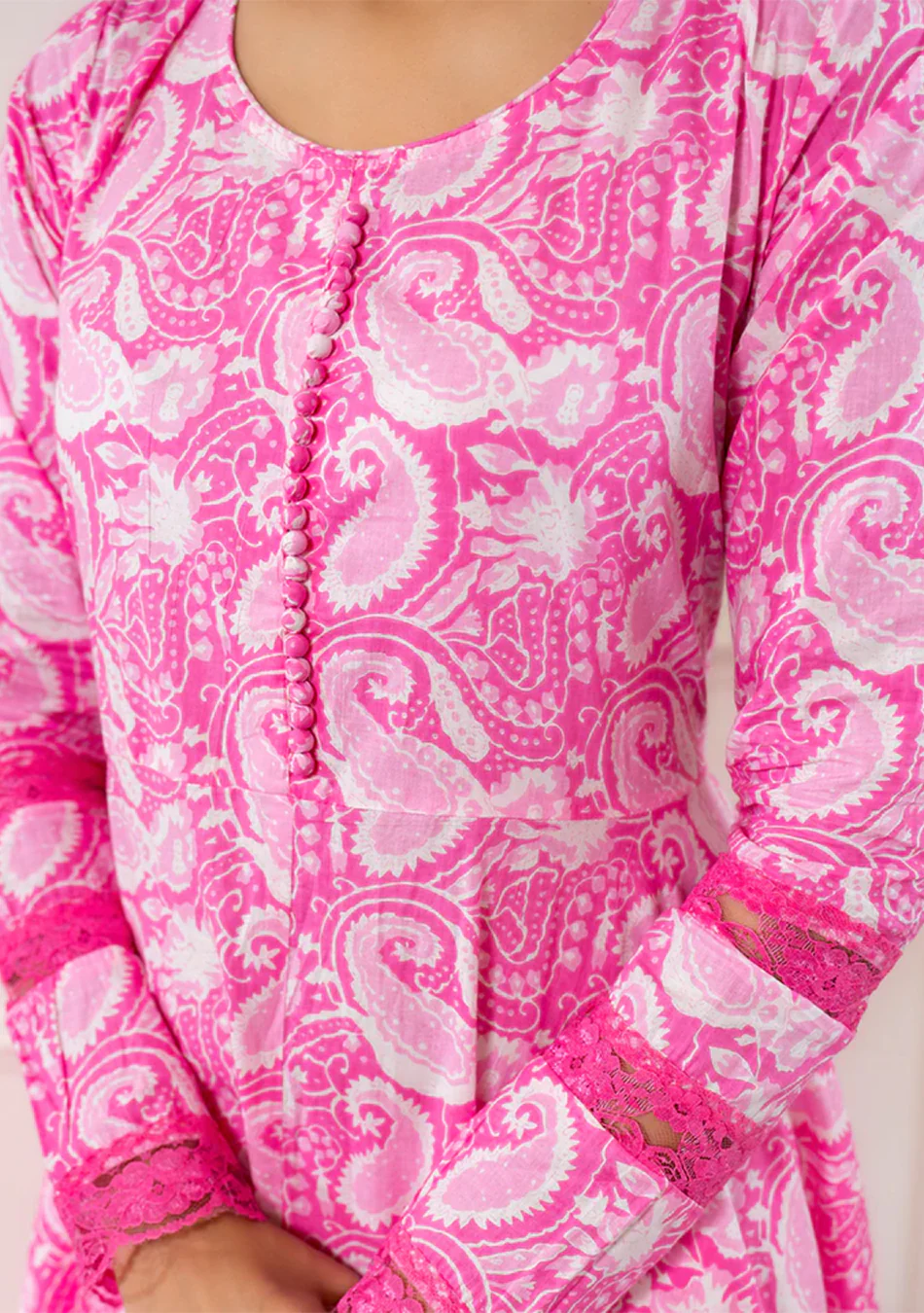 Pink Floral Print Cotton Anarkali Kurta Trouser with Dupatta Set - Image 5