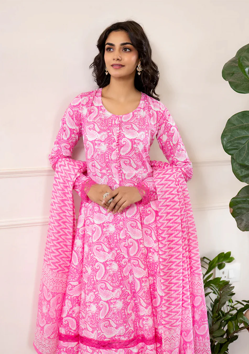 Pink Floral Print Cotton Anarkali Kurta Trouser with Dupatta Set - Image 6