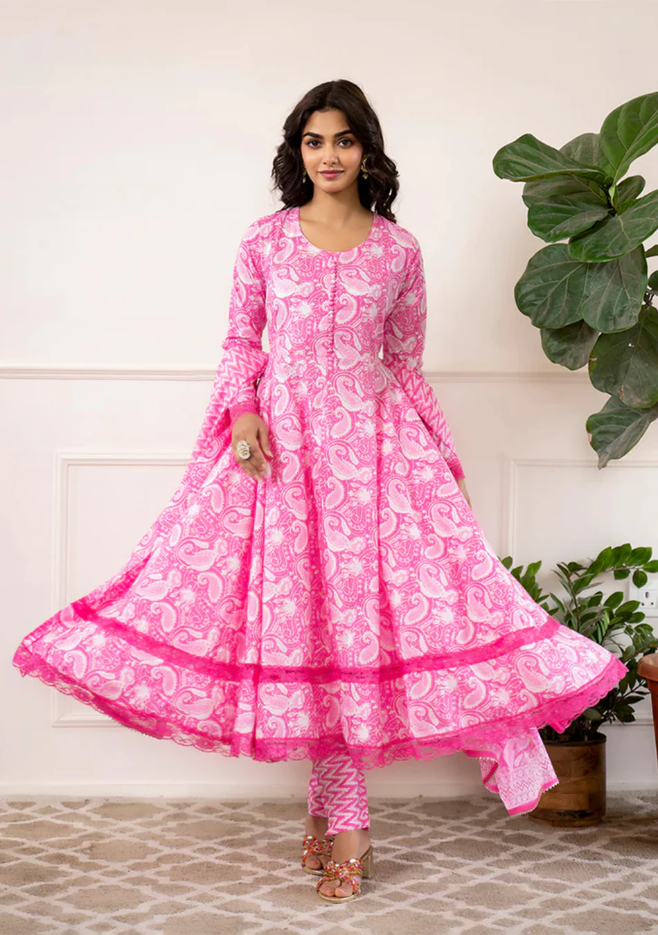 Pink Floral Print Cotton Anarkali Kurta Trouser with Dupatta Set - Image 7