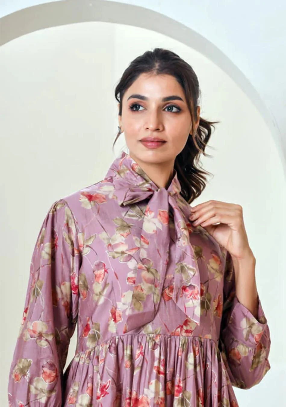 Pink Floral Print Muslin Peplum Top With Bell-Bottom - Image 10