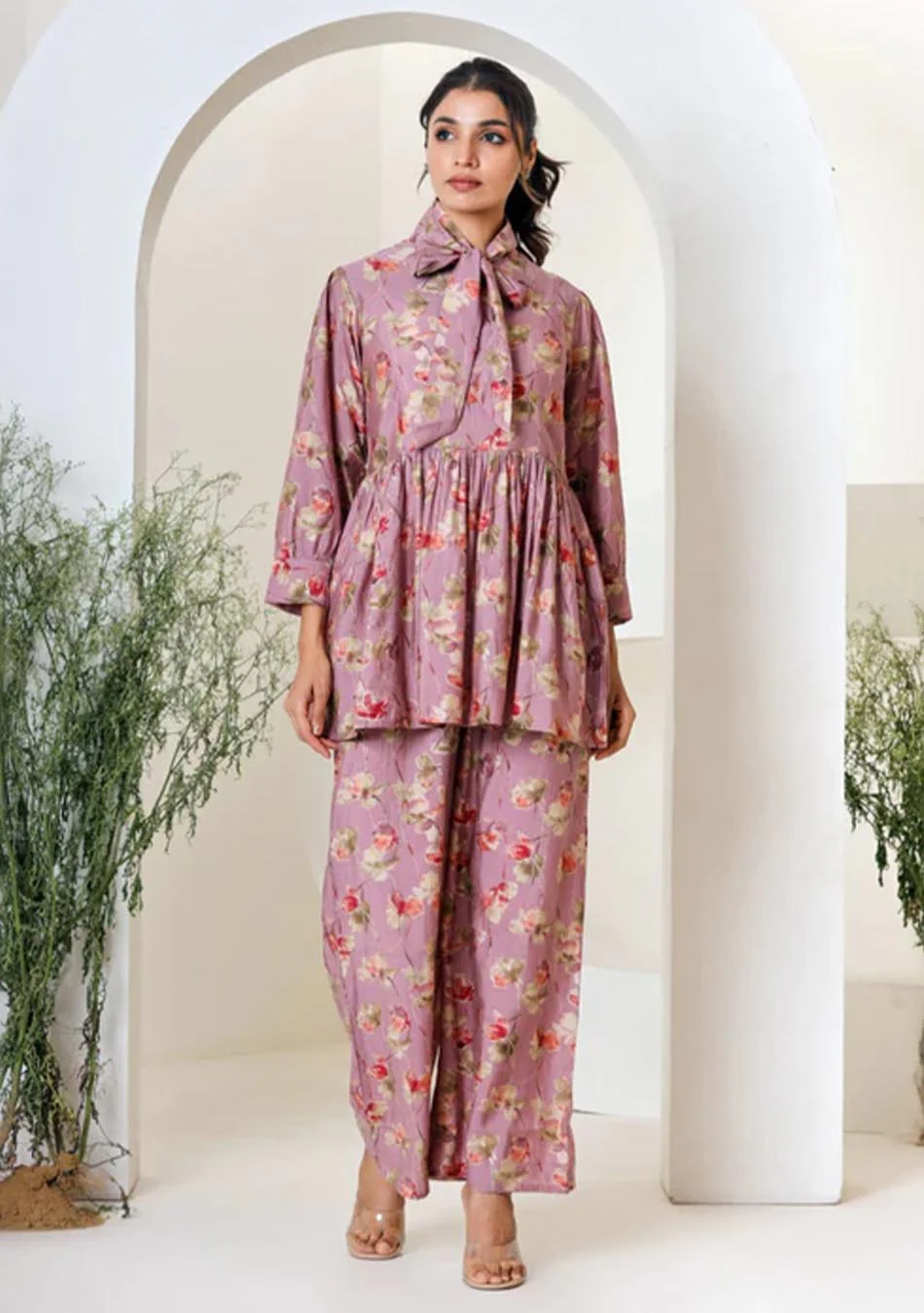 Pink Floral Print Muslin Peplum Top With Bell-Bottom - Image 11