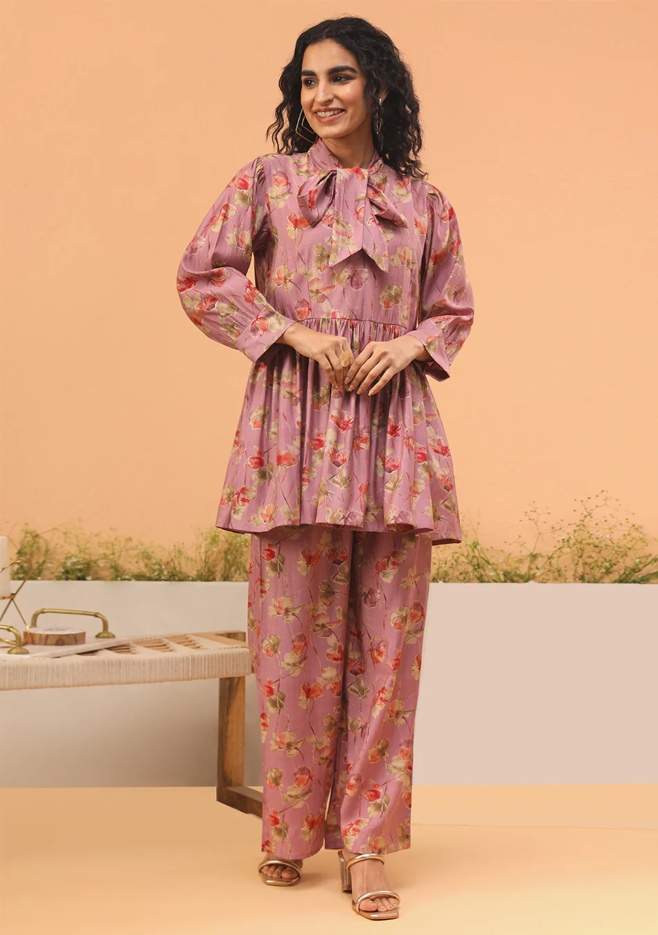 Pink Floral Print Muslin Peplum Top With Bell-Bottom - Image 2