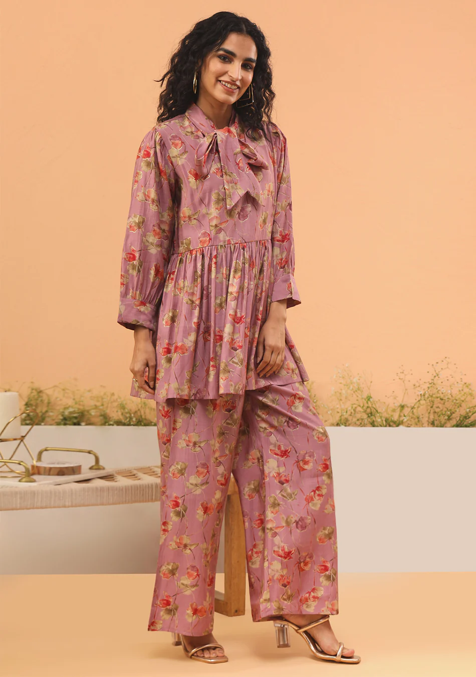 Pink Floral Print Muslin Peplum Top With Bell-Bottom - Image 3