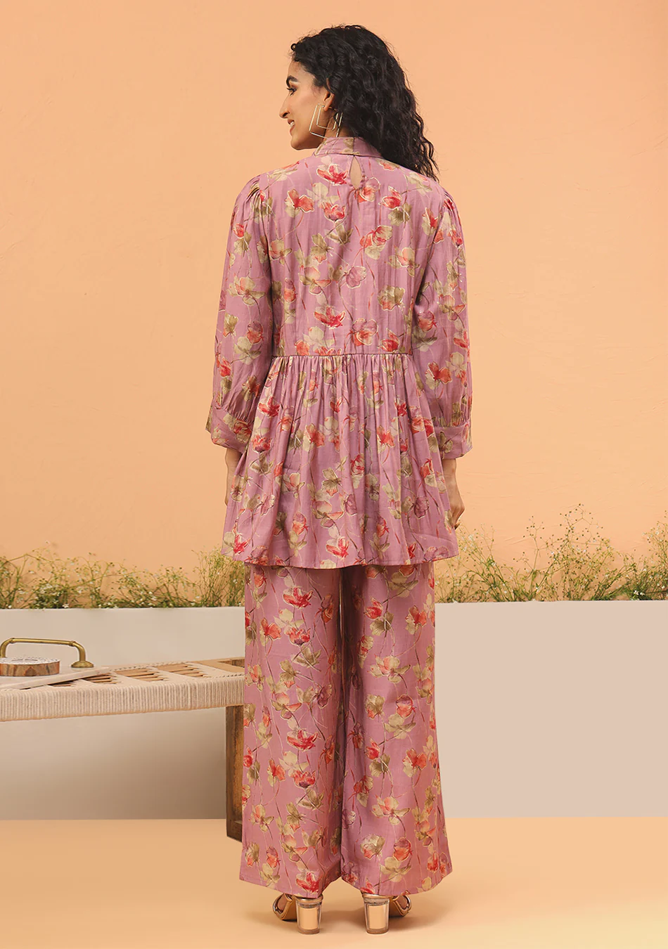 Pink Floral Print Muslin Peplum Top With Bell-Bottom - Image 4
