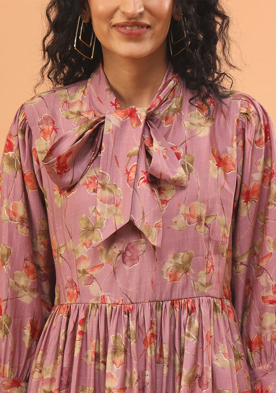 Pink Floral Print Muslin Peplum Top With Bell-Bottom - Image 5