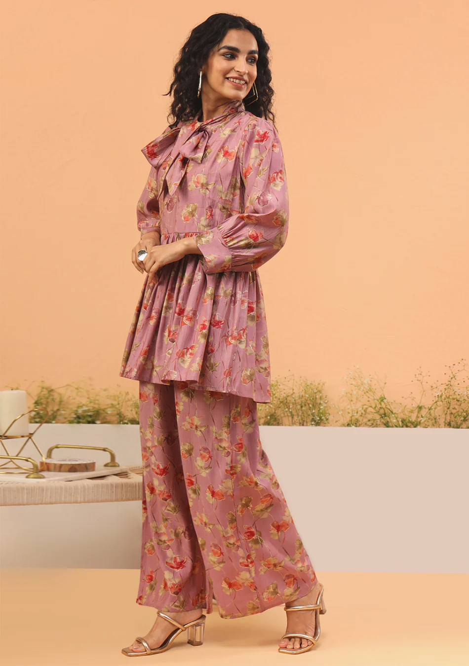 Pink Floral Print Muslin Peplum Top With Bell-Bottom - Image 6