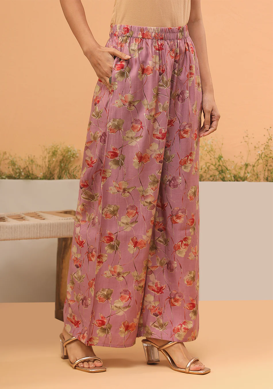 Pink Floral Print Muslin Peplum Top With Bell-Bottom - Image 7