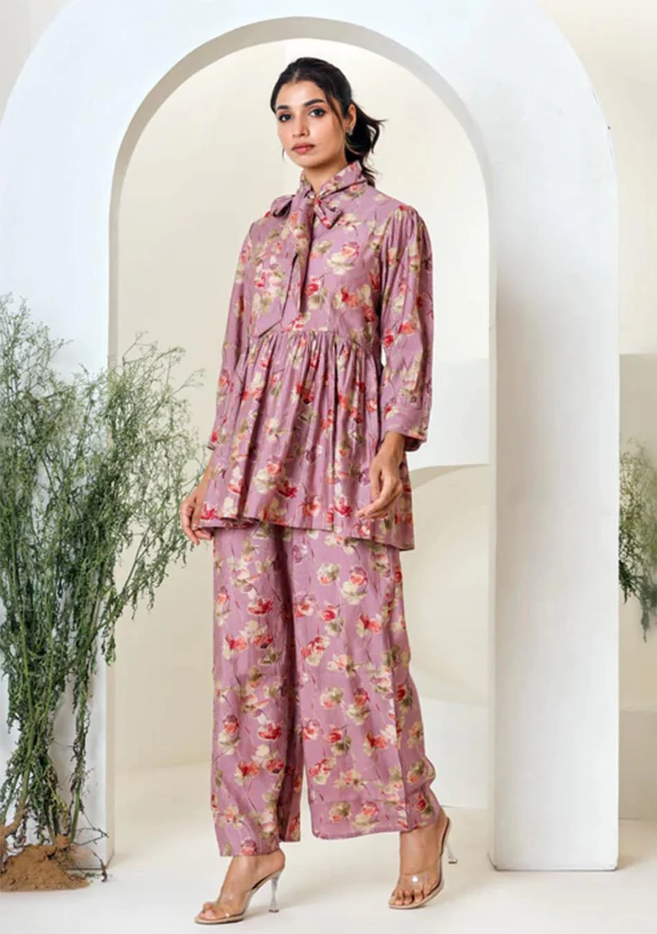 Pink Floral Print Muslin Peplum Top With Bell-Bottom - Image 8
