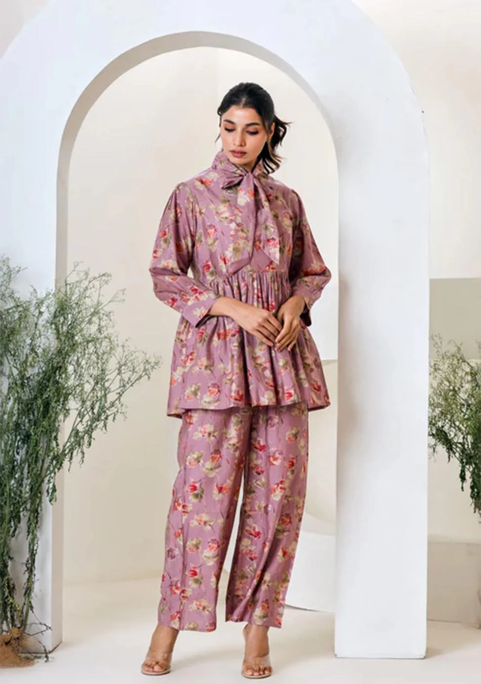 Pink Floral Print Muslin Peplum Top With Bell-Bottom - Image 9
