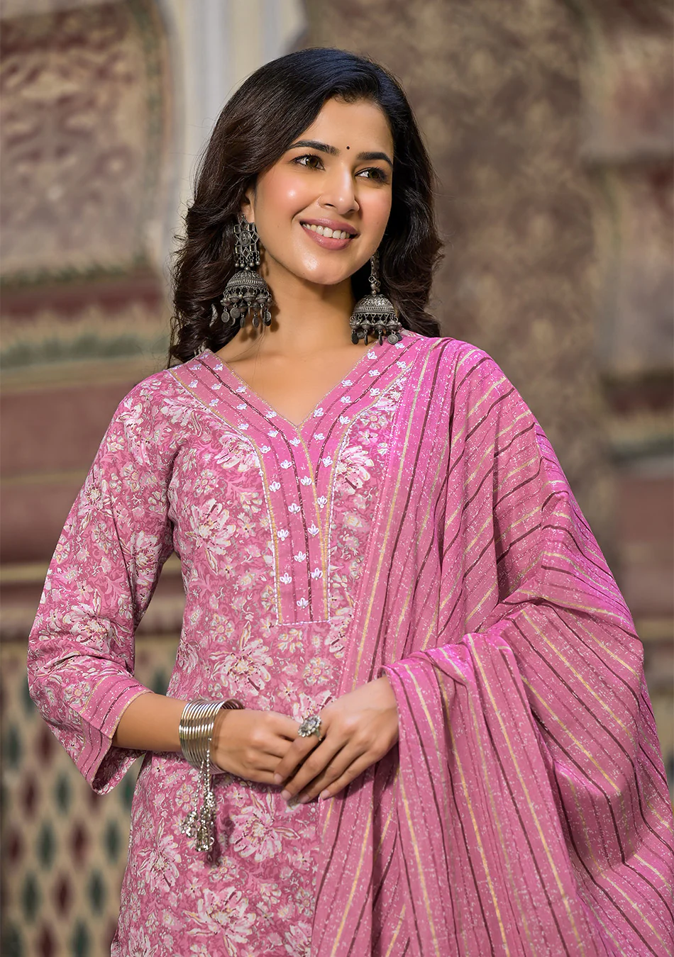 Pink Floral Printed Suit Pant with Dupatta - Image 6
