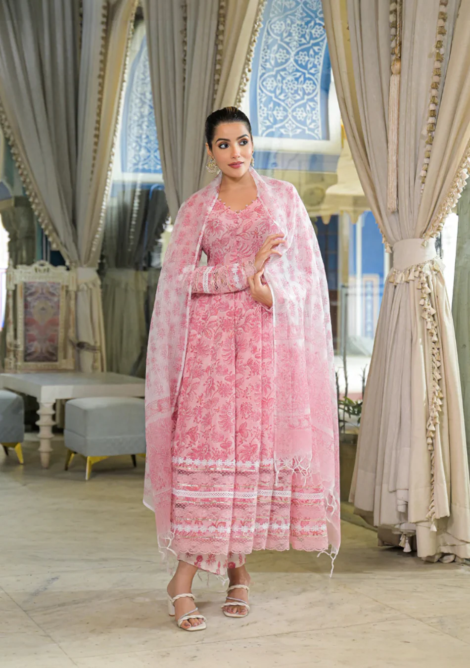 Pink Hand Block Cotton Anarkali Set - Image 5