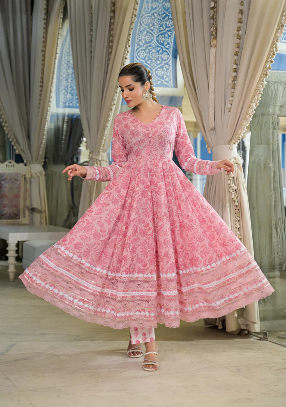 Pink Hand Block Cotton Anarkali Set - Image 9