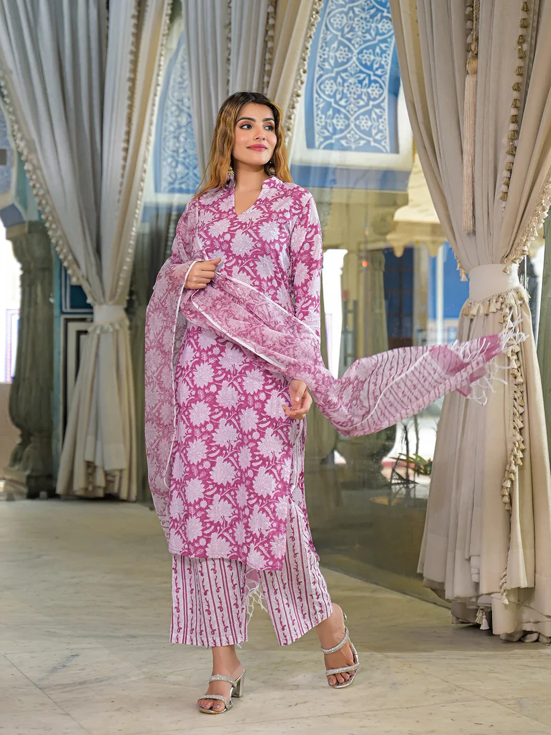Pink Hand Block Cotton Straight Kurta Pant With Dupatta - Image 3