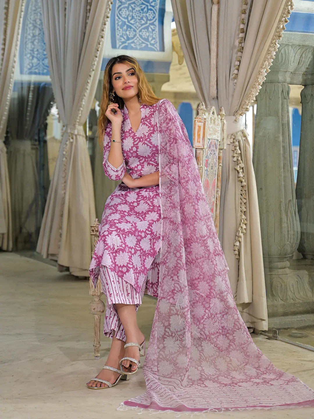 Pink Hand Block Cotton Straight Kurta Pant With Dupatta - Image 5