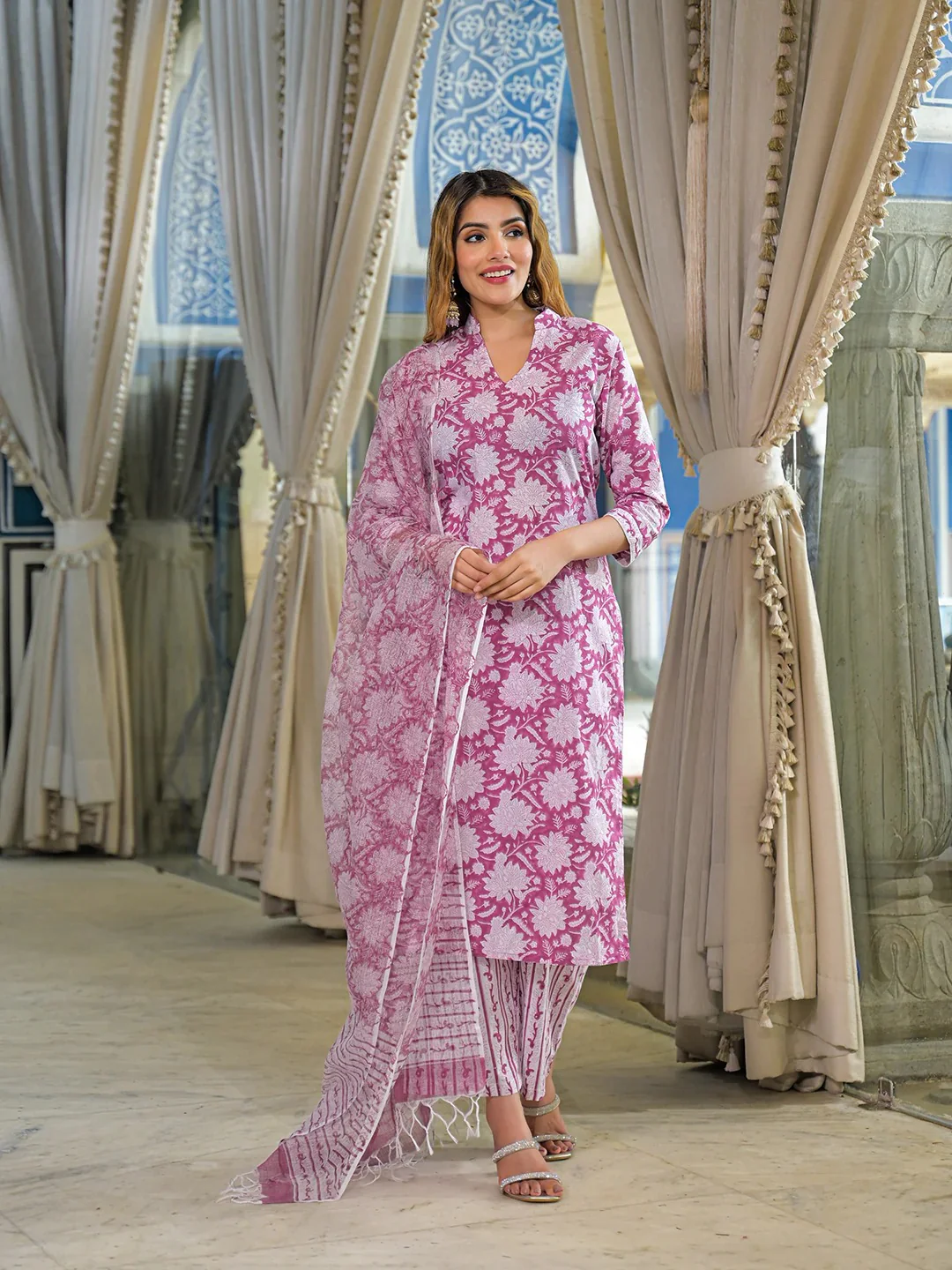 Pink Hand Block Cotton Straight Kurta Pant With Dupatta - Image 7