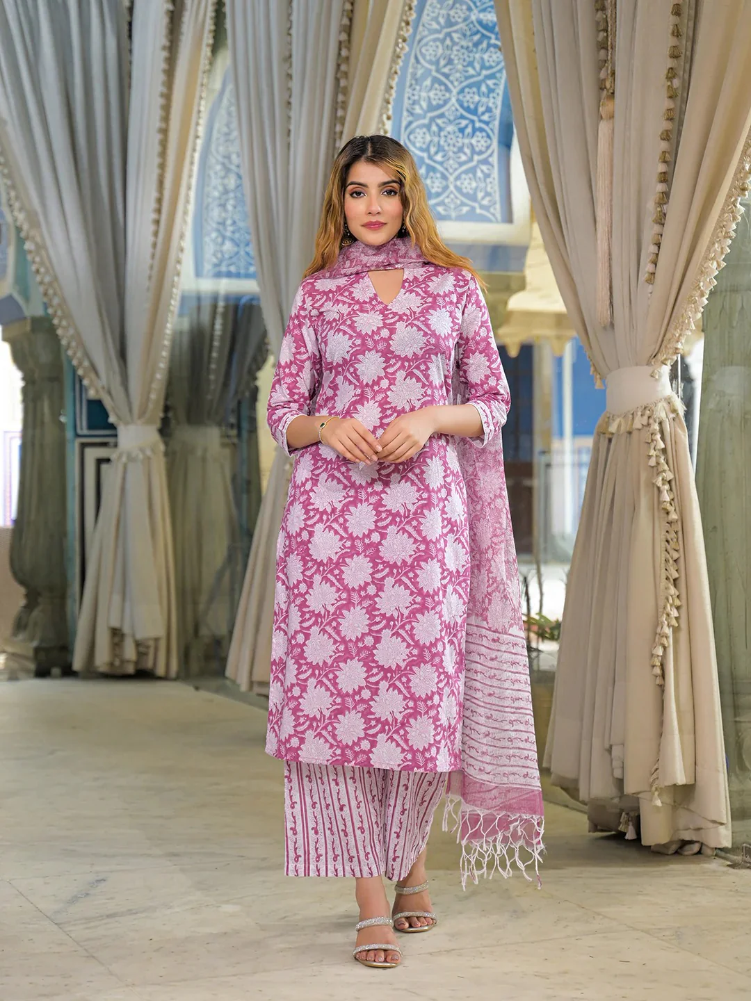 Pink Hand Block Cotton Straight Kurta Pant With Dupatta - Image 8