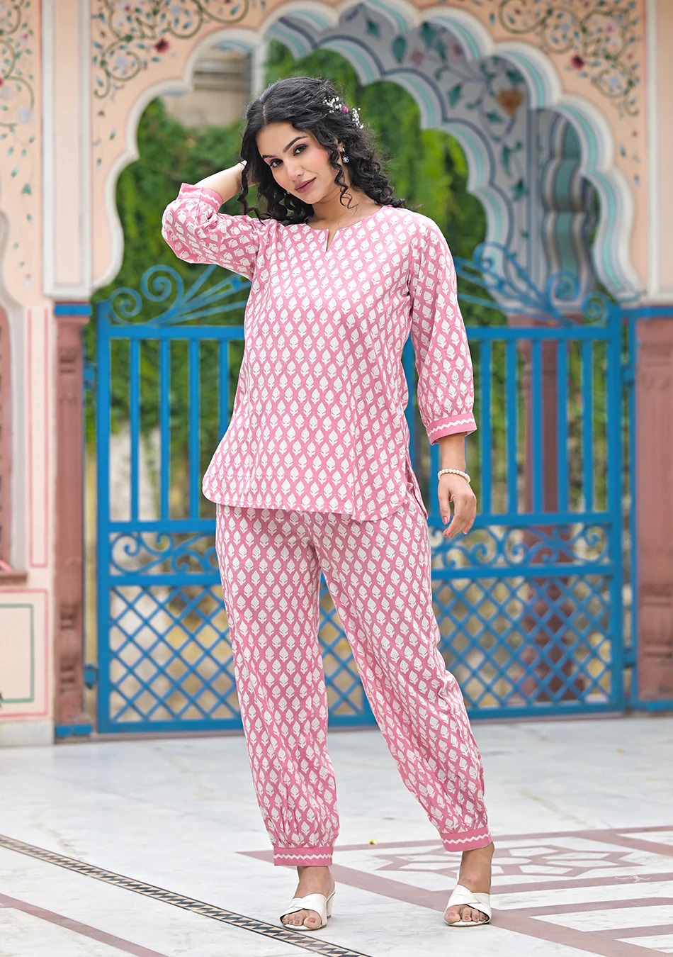 Pink Khadi Print Night Wear/Lounge Wear - Image 3