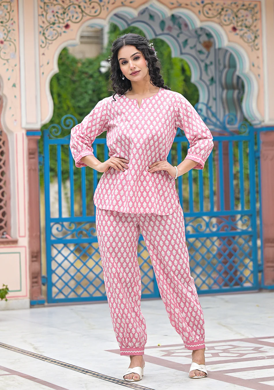 Pink Khadi Print Night Wear/Lounge Wear - Image 4