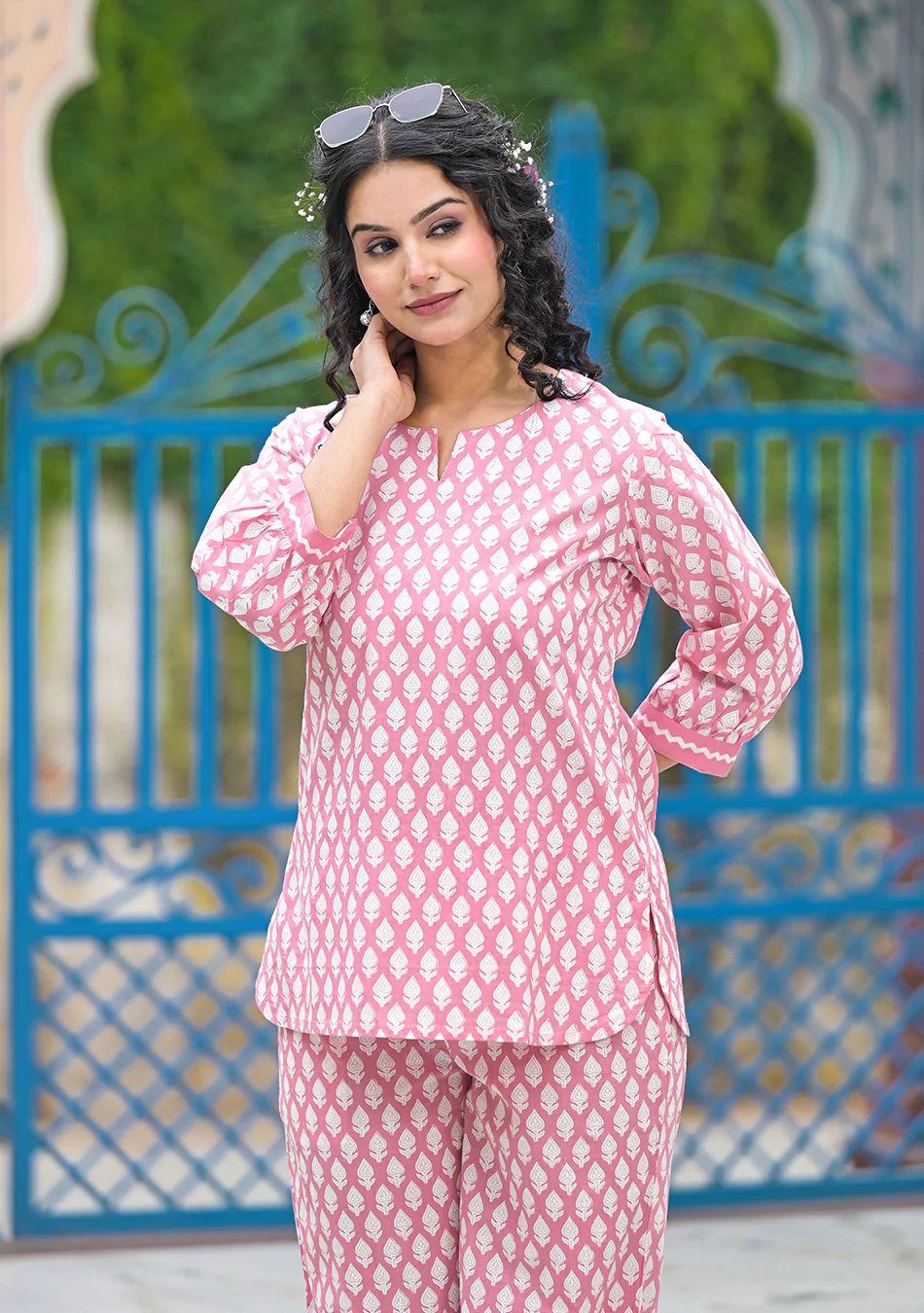 Pink Khadi Print Night Wear/Lounge Wear - Image 6