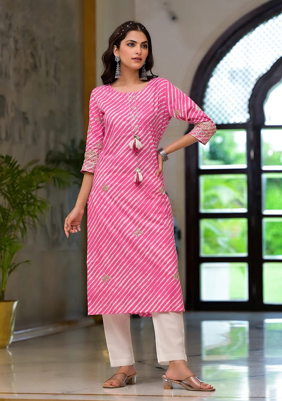 Pink Leheriya Print Embroidered Pure Cotton Straight Kurta - Image 5