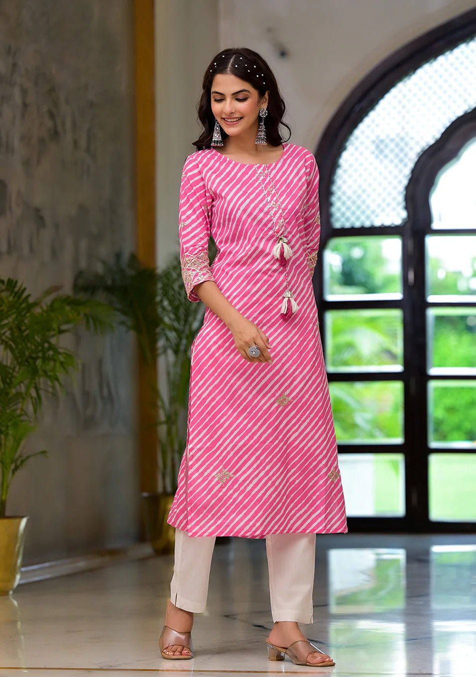 Pink Leheriya Print Embroidered Pure Cotton Straight Kurta - Image 6
