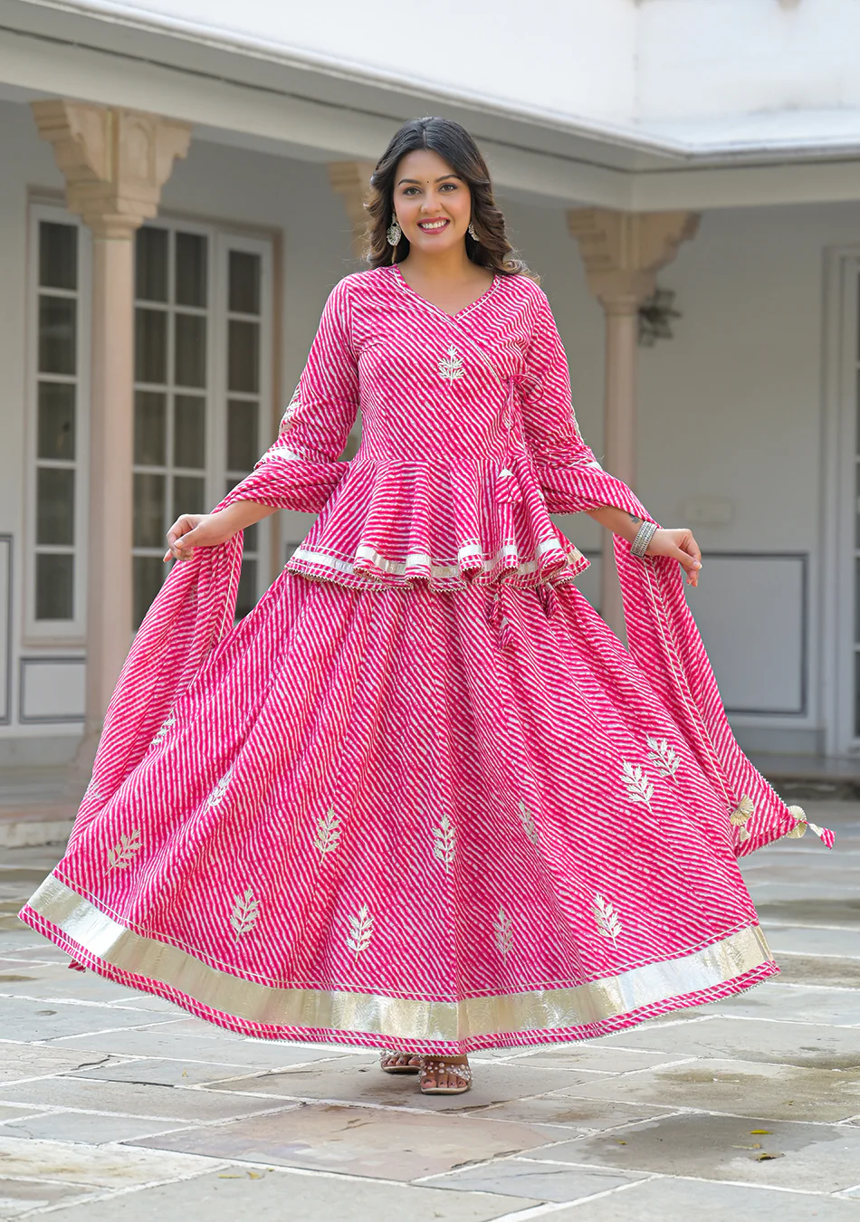 Aravalii Pink Lehriya Cotton Peplum Lehenga Set - Image 12