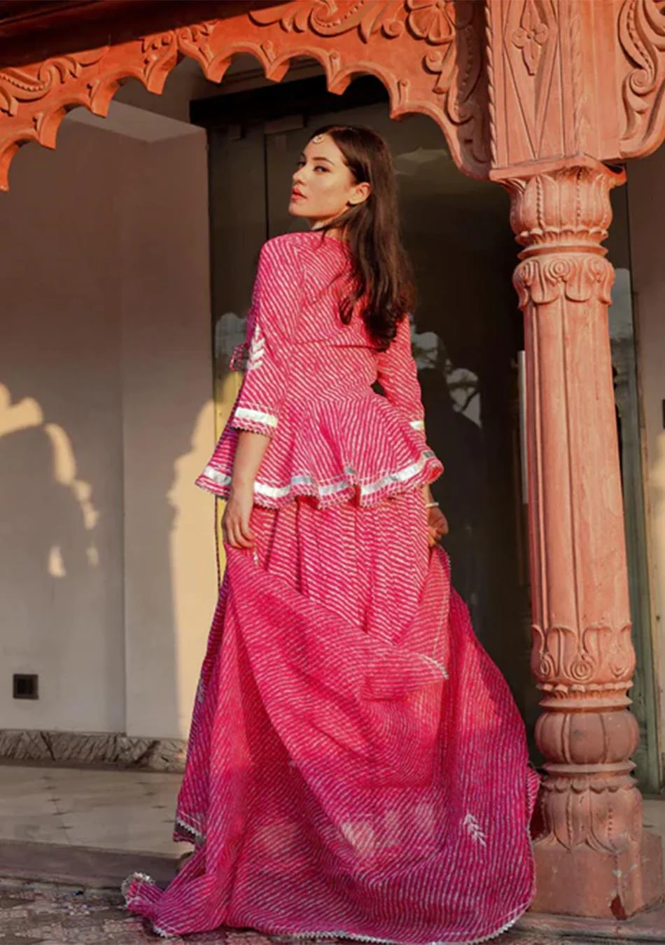 Aravalii Pink Lehriya Cotton Peplum Lehenga Set - Image 15