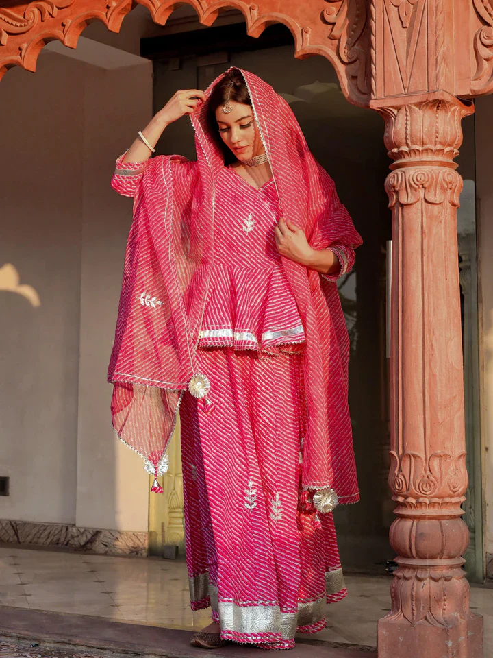 Aravalii Pink Lehriya Cotton Peplum Lehenga Set - Image 16