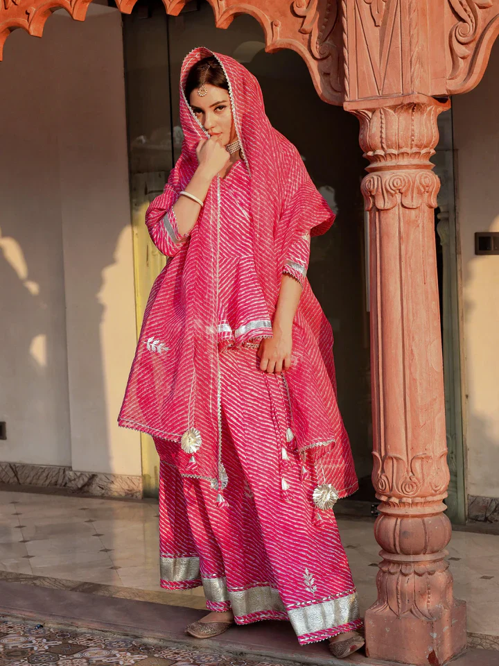 Aravalii Pink Lehriya Cotton Peplum Lehenga Set - Image 17