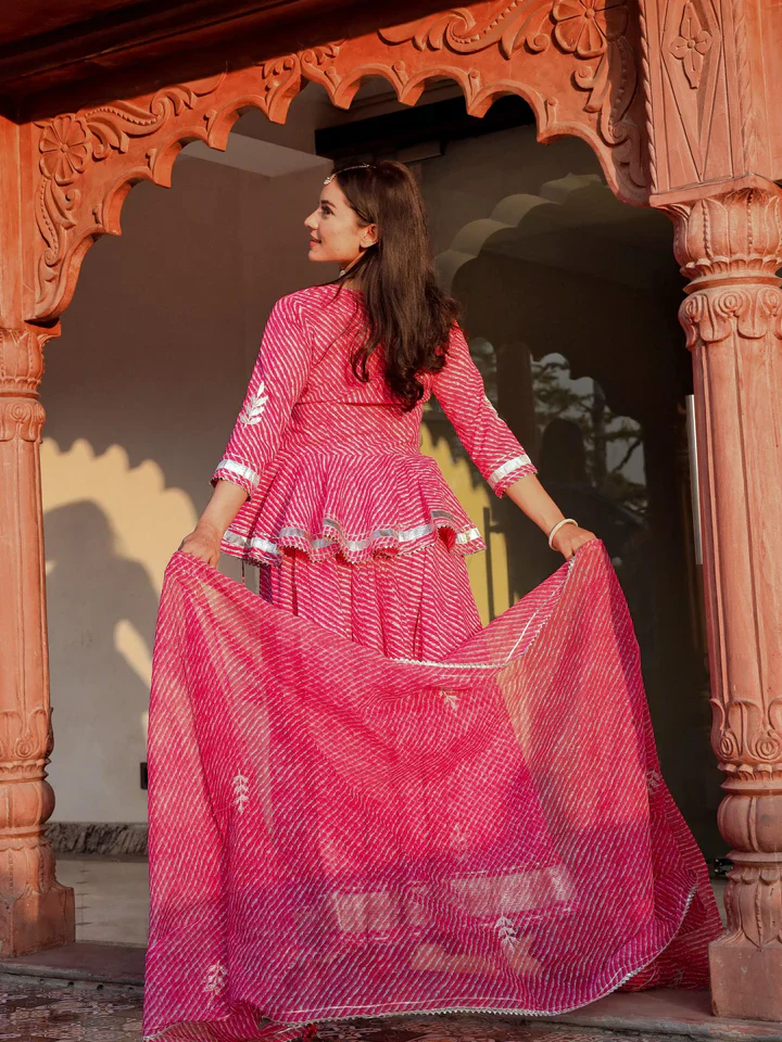 Aravalii Pink Lehriya Cotton Peplum Lehenga Set - Image 18