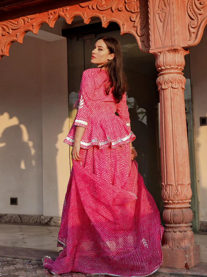 Aravalii Pink Lehriya Cotton Peplum Lehenga Set - Image 19