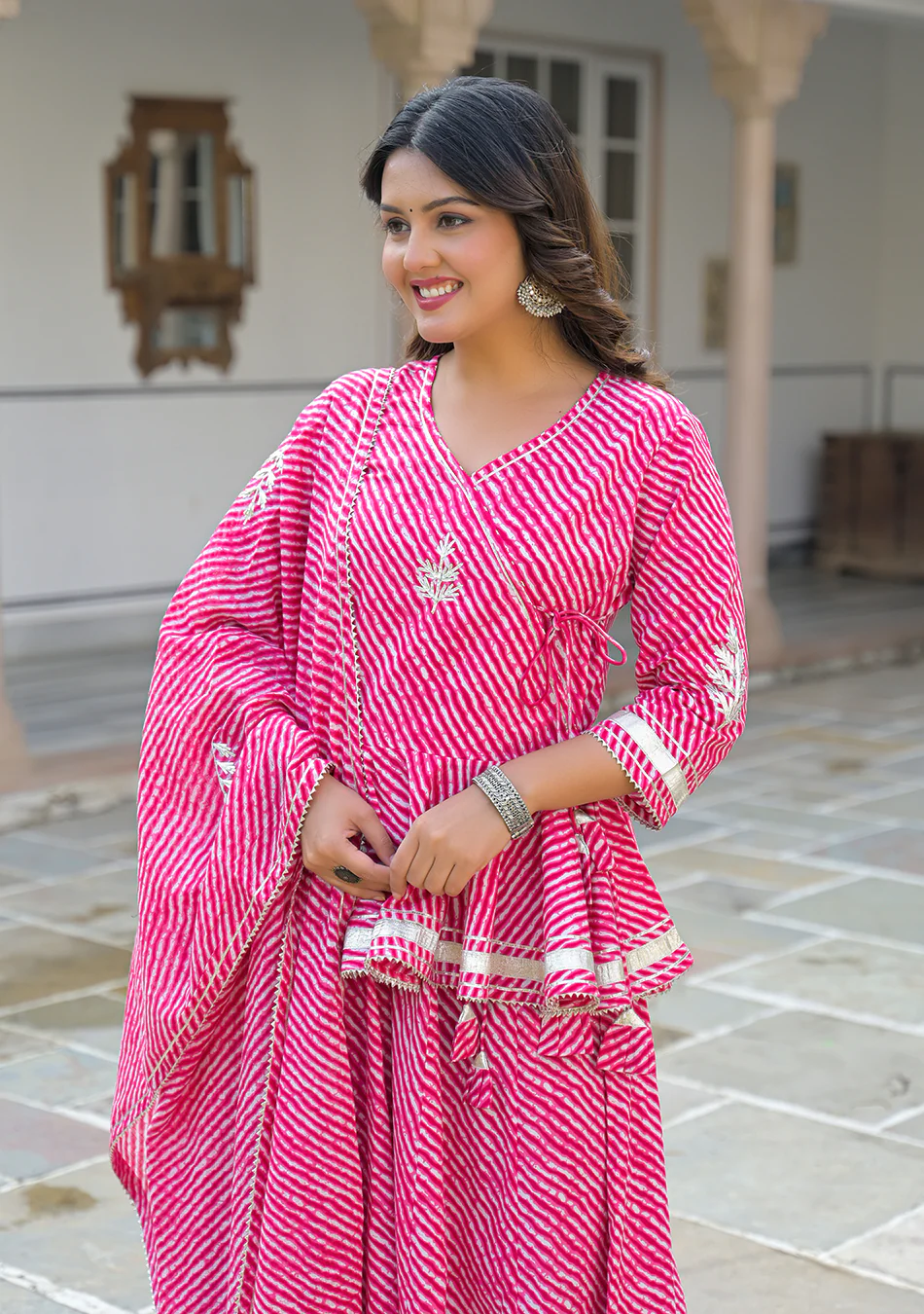 Aravalii Pink Lehriya Cotton Peplum Lehenga Set - Image 6
