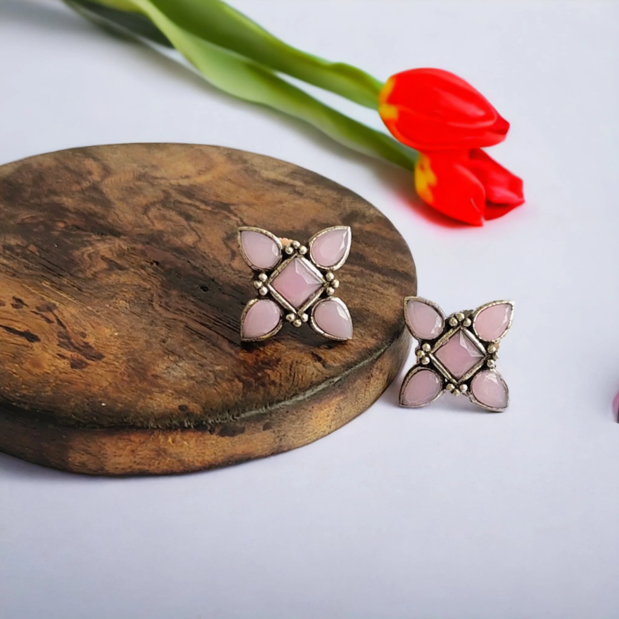 Pink Petal Stud Earrings - Image 5