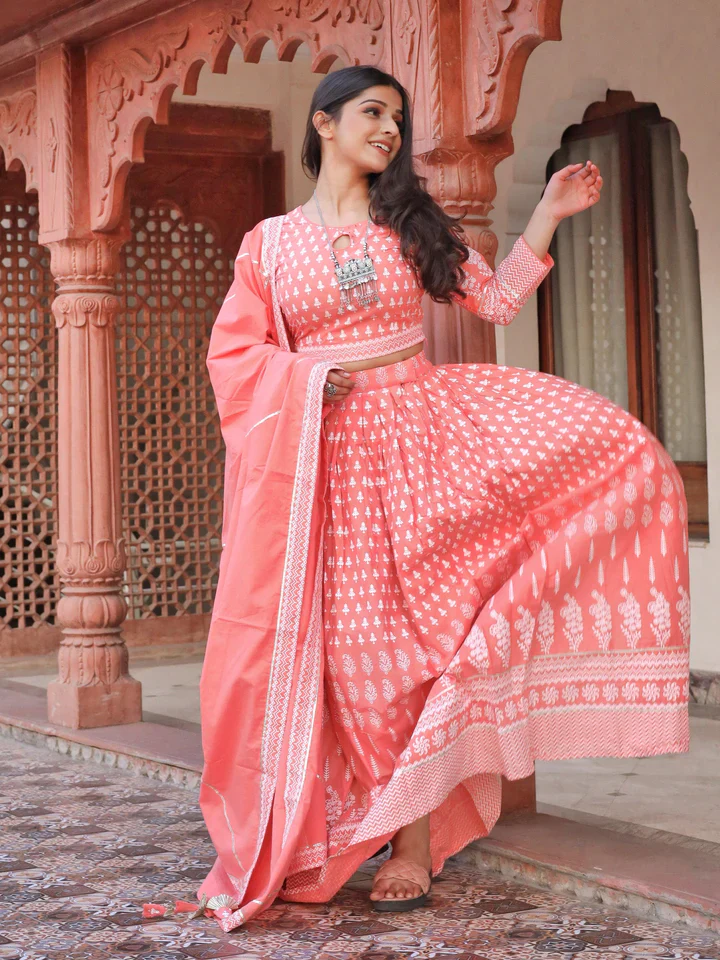 Pink Printed Crop Top, lehenga with Dupatta set - Image 3