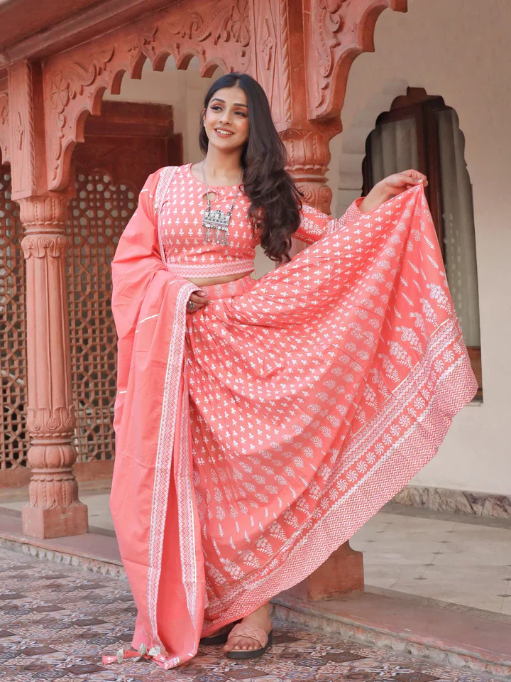 Pink Printed Crop Top, lehenga with Dupatta set - Image 4
