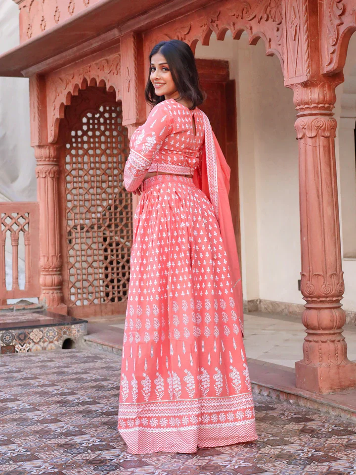 Pink Printed Crop Top, lehenga with Dupatta set - Image 5